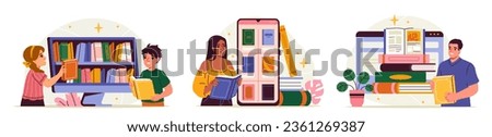 Online ebooks and library set. Characters read textbooks in apps and websites on phone and computer. Digital bookstores and internet book. Cartoon flat vector collection isolated on white background Royalty-Free Stock Photo #2361269387