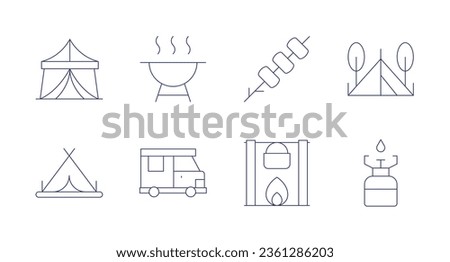 Camping icons. editable stroke. Containing tent, barbecue, marshmallows, camping tent, camper van, pot on fire, gas.