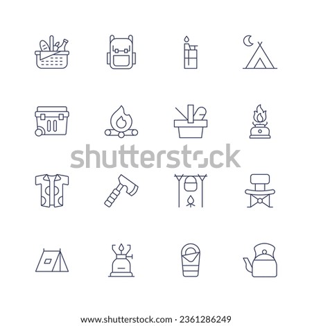 Camping icon set. Thin line icon. Editable stroke. Containing picnic, backpack, lighter, camping tent, portable fridge, bonfire, picnic basket, cooking stove, shirt, camp, pot on fire, folding chair.