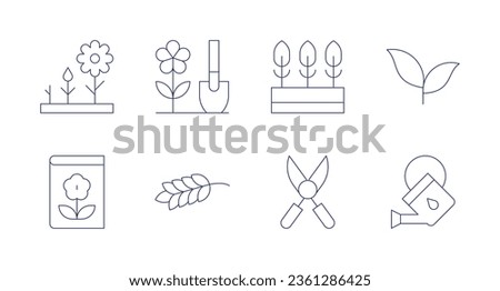 Gardening icons. editable stroke. Containing flower, gardening, grain, plant, pruning shears, tea leaf, watering can.