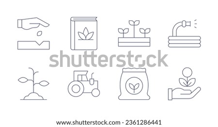 Gardening icons. editable stroke. Containing book, farming and gardening, crop, fertilizer, hose, medicine, seedling, sprout.