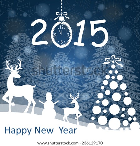Winter background  with Christmas tree, deer, snowmen. Happy New Year 2015.