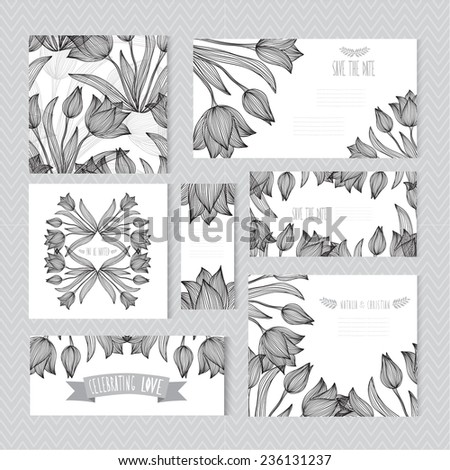 Elegant cards with decorative tulip flowers, design elements. Can be used for wedding, baby shower, mothers day, valentines day, birthday cards, invitations. Vintage decorative flowers