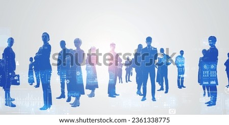 Group of multinational people and digital technology concept. Wide angle visual for banners or advertisements.