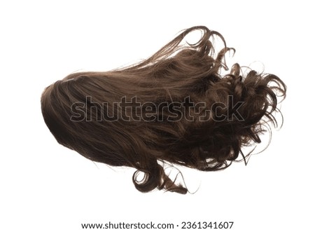 Curl Wig hair style fly fall explosion. Curly brunette woman wig hair float in mid air. Wave curl wig hair extension wind blow cloud throw. White background isolated high speed freeze motion Royalty-Free Stock Photo #2361341607
