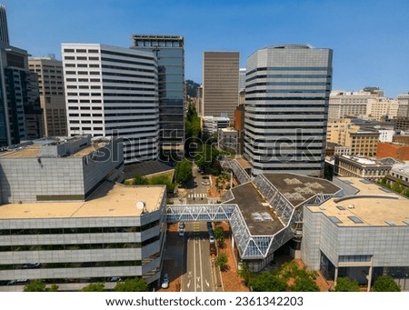 Aerial view of modern high rise buildings in downtown Portland, Oregon.