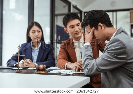 Stress and consolation of Legal consultation, asian lawyers team meeting post-contract, contract finalization, contract review session, agreement assessment, legal experts in conversation