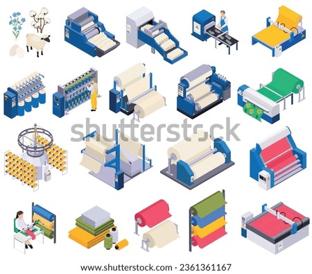 Textile industry isometric set of isolated icons with machine units rolling frames fabric rolls and garments vector illustration Royalty-Free Stock Photo #2361361167