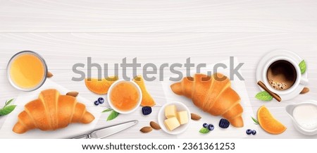 Croissants jam and coffee breakfast realistic composition with top view of multiple fruit slices berries cups vector illustration