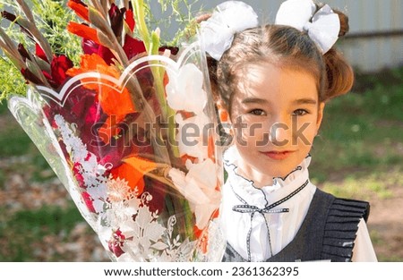 Portrait of a girl student of the 1st grade school with white bows and flowers in a dress unifor. Back to school, September 1, First - grade. Primary education, elementary class.  Royalty-Free Stock Photo #2361362395
