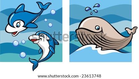 Dolphins and whale against a backdrop of the sea waves, set of two cartoon pictures, vector illustration
