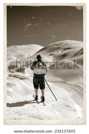 Black and white photo, Vintage photo with old skier with traditional old wooden skis