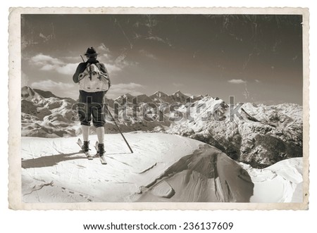 Black and white photos, Vintage photo with old skier with traditional old wooden skis