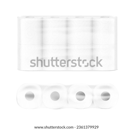 Paper rolls package mockup. Vector illustration isolated on white background. Front and up views. Can be use for template your design, presentation, promo, ad. EPS10. Royalty-Free Stock Photo #2361379929