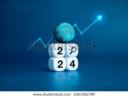 2024 new year global trends concept. 3d earth orb with digital world map placed on white block stack with 2024 year numbers with searching icon and rising arrow, trend growth graph on blue background.