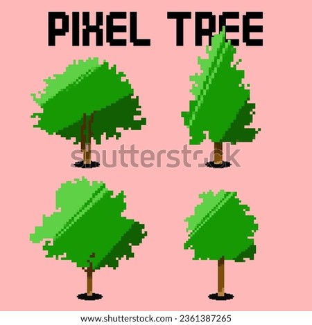 Different trees pixel art icon set. Forest flora species logo collection. 8-bit sprite. Game development, mobile app. Isolated vector illustration.