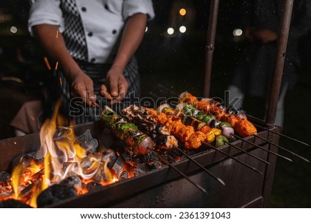 Selected Focus on Marinated Paneer Tikka Slices for Roasting Barbeque BBQ. Selective Focus, Selective Focus on Subject, Background Blur. Royalty-Free Stock Photo #2361391043
