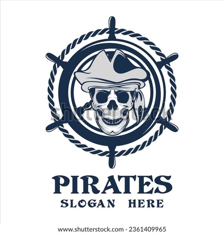 Pirate Skull Vintage Logo Emblem,with ship steering wheel, on white background