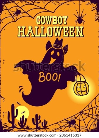 Cowboy halloween. Happy Halloween ghost with cowboy hat hold pumpkin vector card background with text.