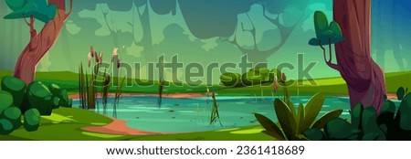 Forest swamp cartoon game landscape background. Fantasy river with wood scene illustration. Marsh plant in water panoramic wallpaper. Wild fairytale wetland 2d concept design. Leaf and branch scenery Royalty-Free Stock Photo #2361418689