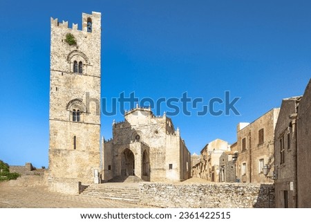 Erice Cathedral with bell tower, historic town in northwestern Sicily near Trapani, Italy, Europe. Royalty-Free Stock Photo #2361422515