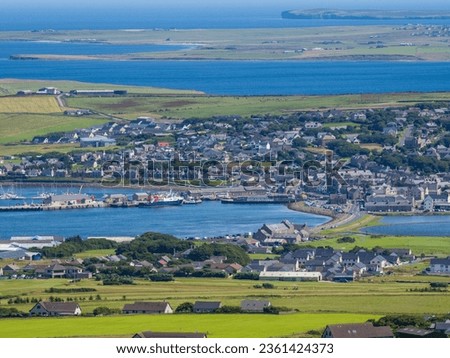 Panoramic view of Kirkwall, Mainland, Orkney from the top of Wideford Hill on a sunny day Royalty-Free Stock Photo #2361424373