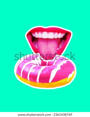 Contemporary art collage. Modern creative artwork. Alternative food. Mouth with tongue going eat tasty dessert, donut over trendy cyan background. Concept of healthy eating, food consaption, organic