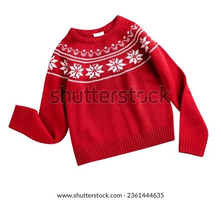 Red knitted Christmas ornated sweater isolated on white, winter holiday clothes. New year symbol. Knitwear. Traditional decorated jumper. Royalty-Free Stock Photo #2361444635