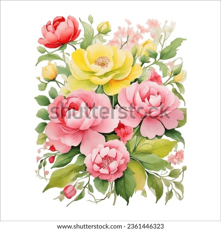 watercolor colorful rose bouquets in various shades of pinks and whites free vector, light green and yellow, circular shapes, isolated on white background