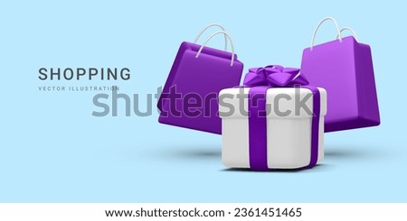 3d realistic paper bags and gift box in cartoon style on light background. Holiday cover template. Surprises and bonuses for buyers. Vector illustration