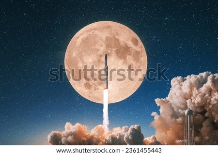 Rocket spaceship with smoke and blast takes off into the starry sky with a full moon. Start of the space lunar mission. Rocket success launch, concept Royalty-Free Stock Photo #2361455443