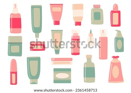 Set of Beauty elements, bottle, containers, jars. Clip art, stickers. 