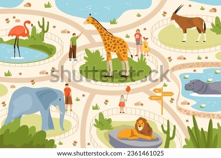 Animal zoo or wild tropical park vector image. Africa and safari wildlife menagerie. Family on excursion near lion and elephant, giraffe and Scimitar oryx, hippopotamus and flamingo. Africa nature Royalty-Free Stock Photo #2361461025