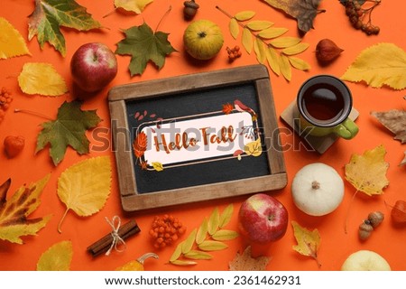 Chalkboard with text HELLO FALL and beautiful autumn decor on orange background