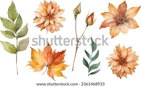 Assortment of watercolor fall leaves and flowers