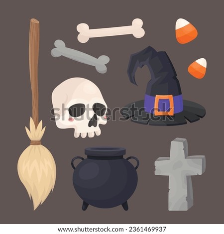 Broomstick and human skull, witch hat, bones, stone cross, cauldron and Halloween caramels. Colorful collection of witchcraft elements with shadows. Hand drawn isolated illustrations, brown background