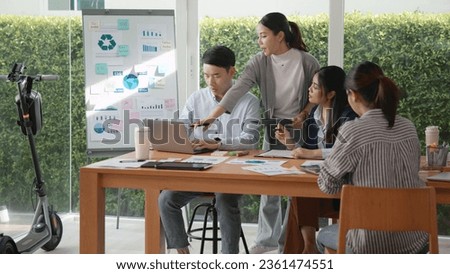 Carbon offset price report CO2 emission. Future growth Net zero waste in ESG ethical SME office protect climate change global warming social issues project. Group of asia people Eco friendly SDGs plan Royalty-Free Stock Photo #2361474551