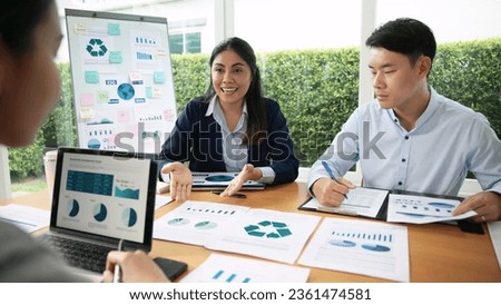 Carbon offset price report CO2 emission. Future growth Net zero waste in ESG ethical SME office protect climate change global warming social issues project. Group of asia people Eco friendly SDGs plan Royalty-Free Stock Photo #2361474581