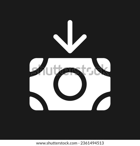 Inbound cash dark mode glyph ui icon. Receive money. Money transaction. User interface design. White silhouette symbol on black space. Solid pictogram for web, mobile. Vector isolated illustration