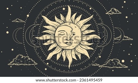 Magical celestial design template for astrology, divination, etc. Hand drawn sketch style sun face, crescent moon in retro esoteric style. Vector illustration. Royalty-Free Stock Photo #2361495459