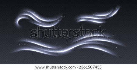 Cold wind with snow, air flow effect, winter freezing swirls, glowing light trails. Icy vapour overlay. Glowing twirls and swirls with stars. Abstract luminescent curves. Christmas vector decoration. Royalty-Free Stock Photo #2361507435