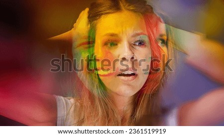 bipolar disorder people emotion mental woman. Close-up photo of a young beautiful sad woman suffering from multiple personality disorders.  Royalty-Free Stock Photo #2361519919