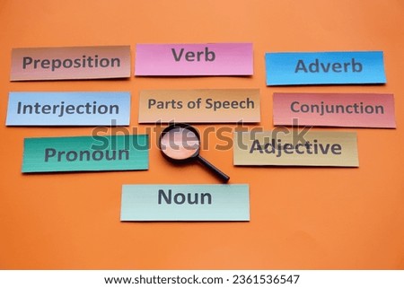Magnifying glass, colorful word cards about  Part of speech Noun Verb Pronoun Adverb Adjective Preposition Conjunction and Interjection. Concept, English grammar teaching                               Royalty-Free Stock Photo #2361536547