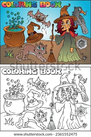 Children's coloring book for Halloween - cauldron, cat, witch with hat, broomstick, vampire, grass - Halloween theme
