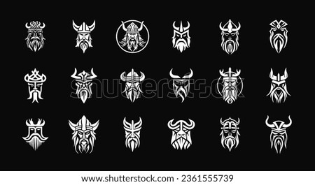 Scandinavian warrior emblem set, medieval mascot logo, ancient Norseman. Viking monochrome symbols collection, man in a horned helmet. Vector logo Royalty-Free Stock Photo #2361555739