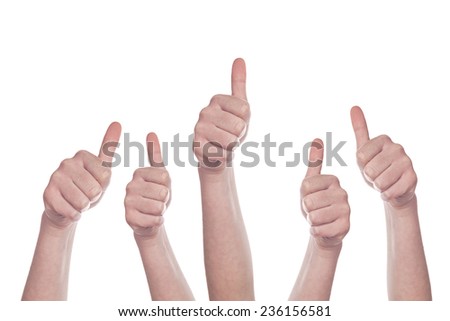 Caucasian white group of people making hand Thumbs up sign isolated on white background. Like, approval or endorsement concept.