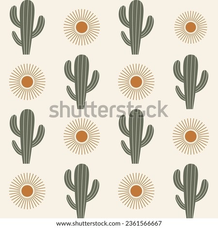 Seamless pattern of cacti with sun, sunny desert. Vector illustration for your design. Royalty-Free Stock Photo #2361566667