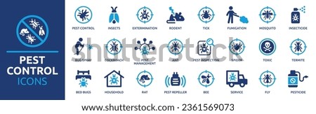Pest control icon set. Containing insect, extermination, bug, pesticide, insecticide, service, spray, rat and termite. Solid icon collection. Vector illustration. Royalty-Free Stock Photo #2361569073
