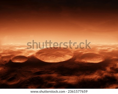 Panorama of the Martian landscape at sunset. Largest impact craters on Mars: Orbital imaging. Royalty-Free Stock Photo #2361577659