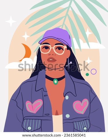 Beautiful young woman in glasses and baseball cap. Hispanic female in groovy outfit. A concept of modern feminity.